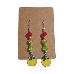 Fruit Themed Beaded Dangle Earrings Multicolor Fun Apple Charm Pierced Fish Hook